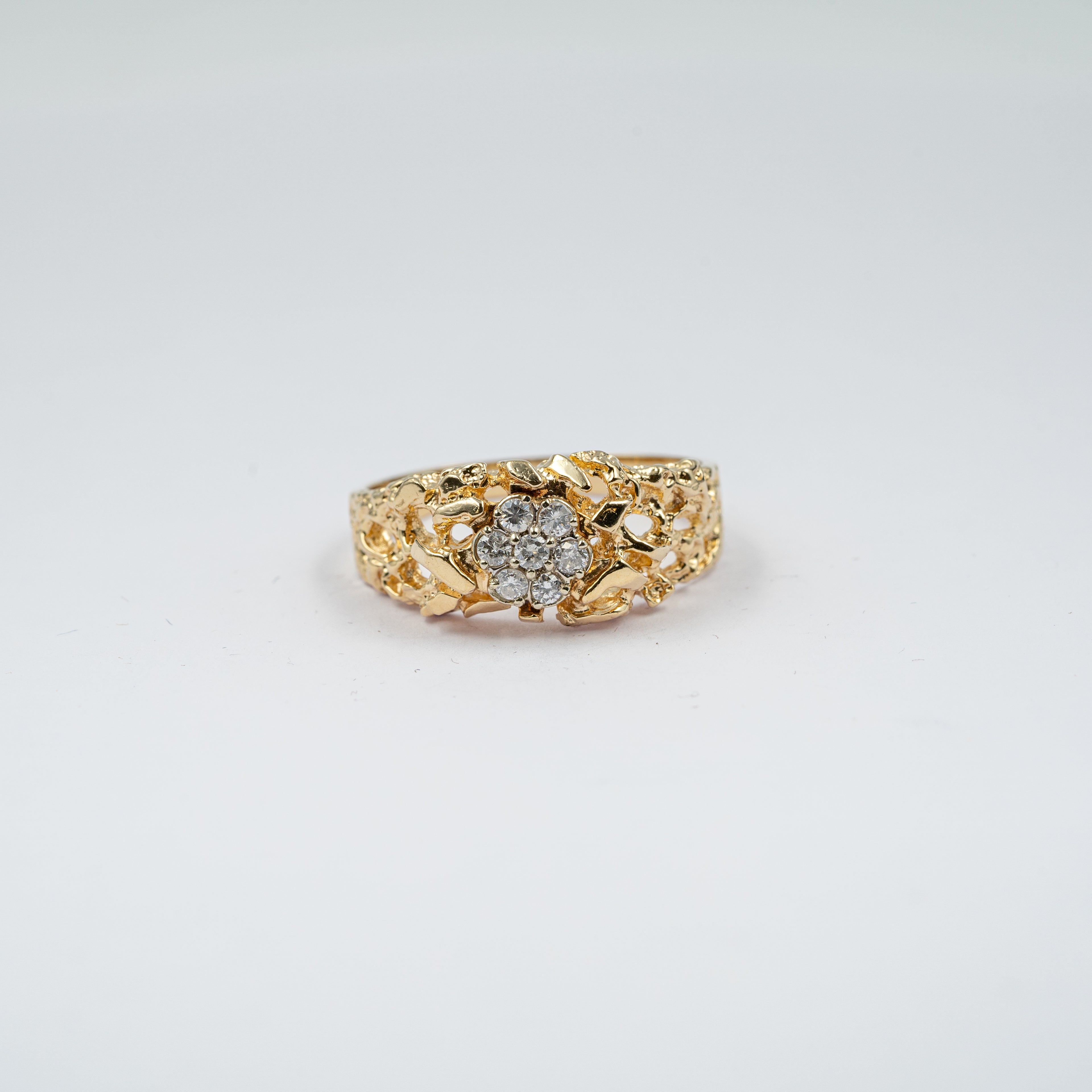 Gold Nugget Ring with Diamond Flower Cluster